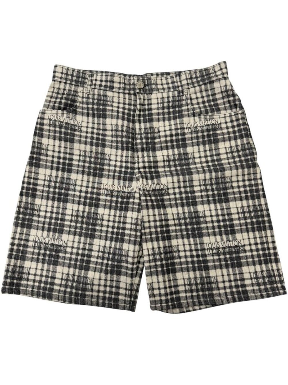 Louis Vuitton Logo Plaid Leather Patch LV Denim Shorts Gray 34